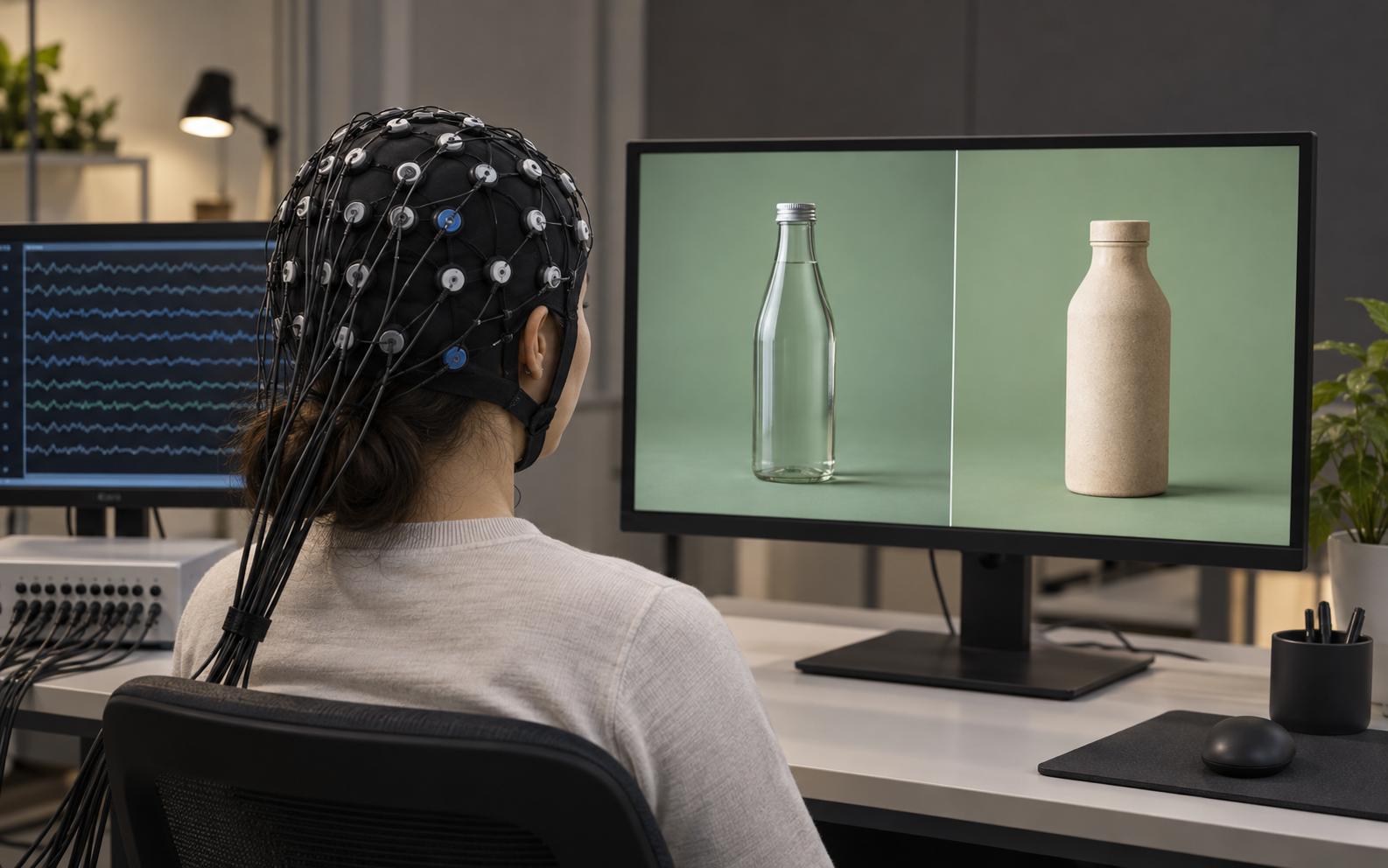 EEG experiment in which a participant wearing a 32-channel cap views glass and wood-fiber bottle stimuli