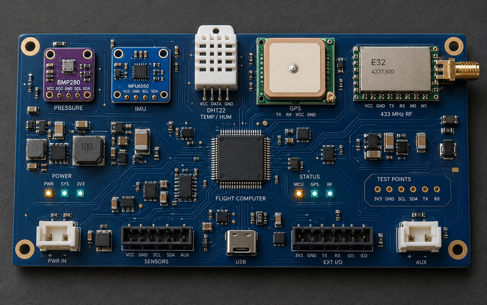 HORIZON flight computer combining BMP280, MPU6050, DHT22, GPS, and RF modules