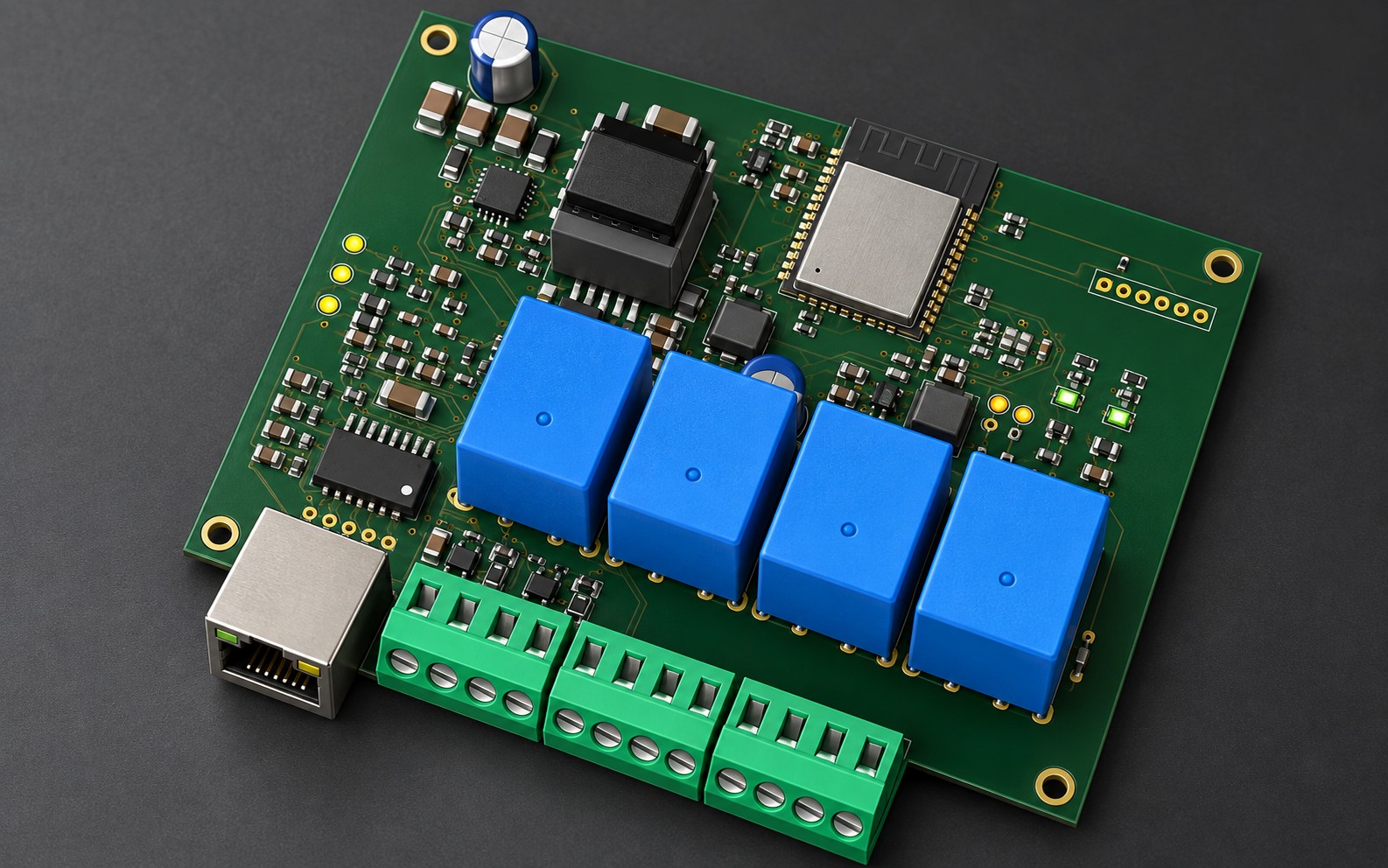 PoE IO card with Ethernet, ESP32, and four relays